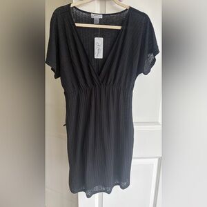 J. Valdi Black V-Neck Short Sleeve semi sheer Swimsuit Cover up w/Pockets Size M